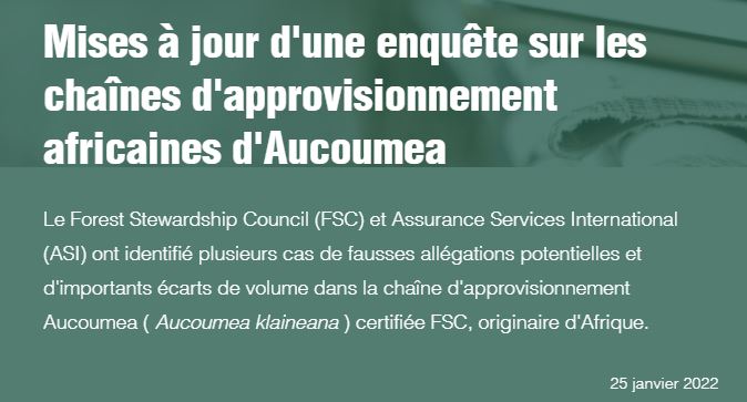 Vérification des chaînes d’approvisionnement de l’Okoumé par FSC.