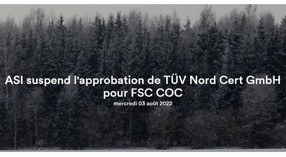 Suspension de l’accréditation FSC CoC de TÜV Nord Cert GmbH